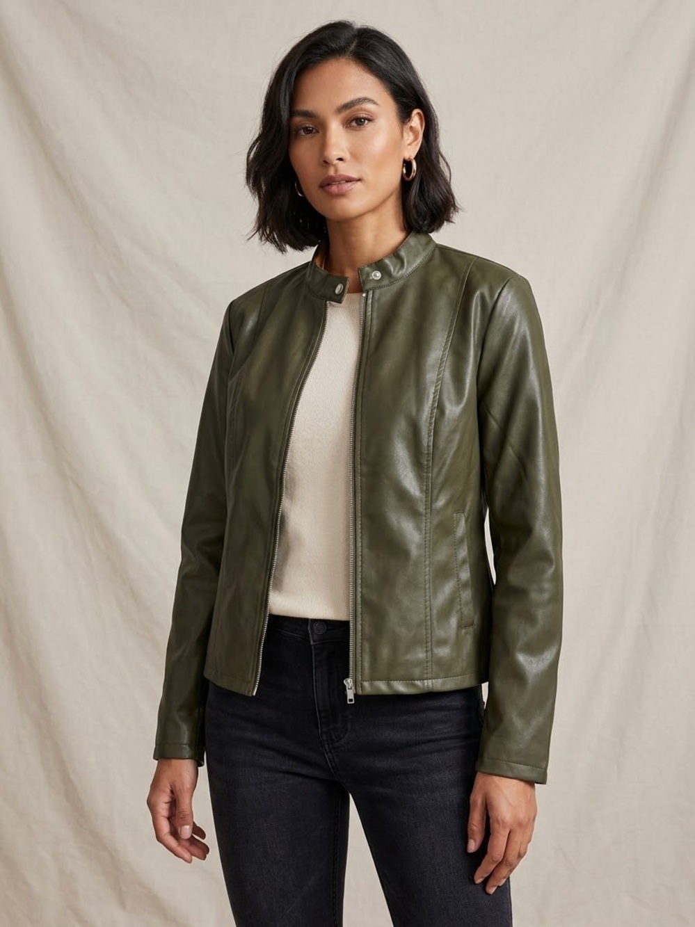 Olive Moto Jacket - Women's Minimal Biker - 2XL